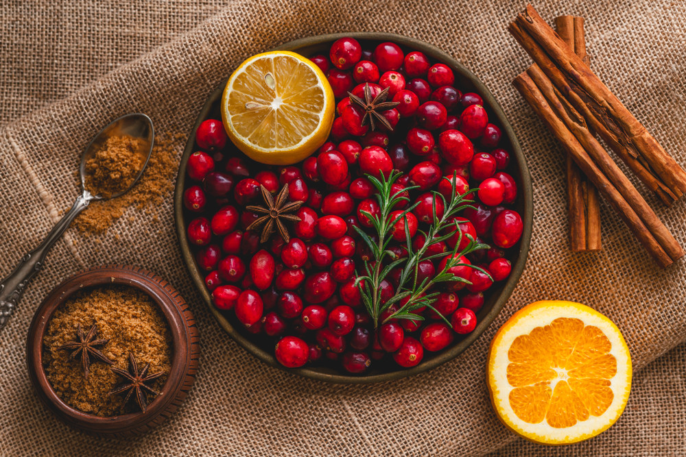 Cranberries, orange, cinnamon and rosemary